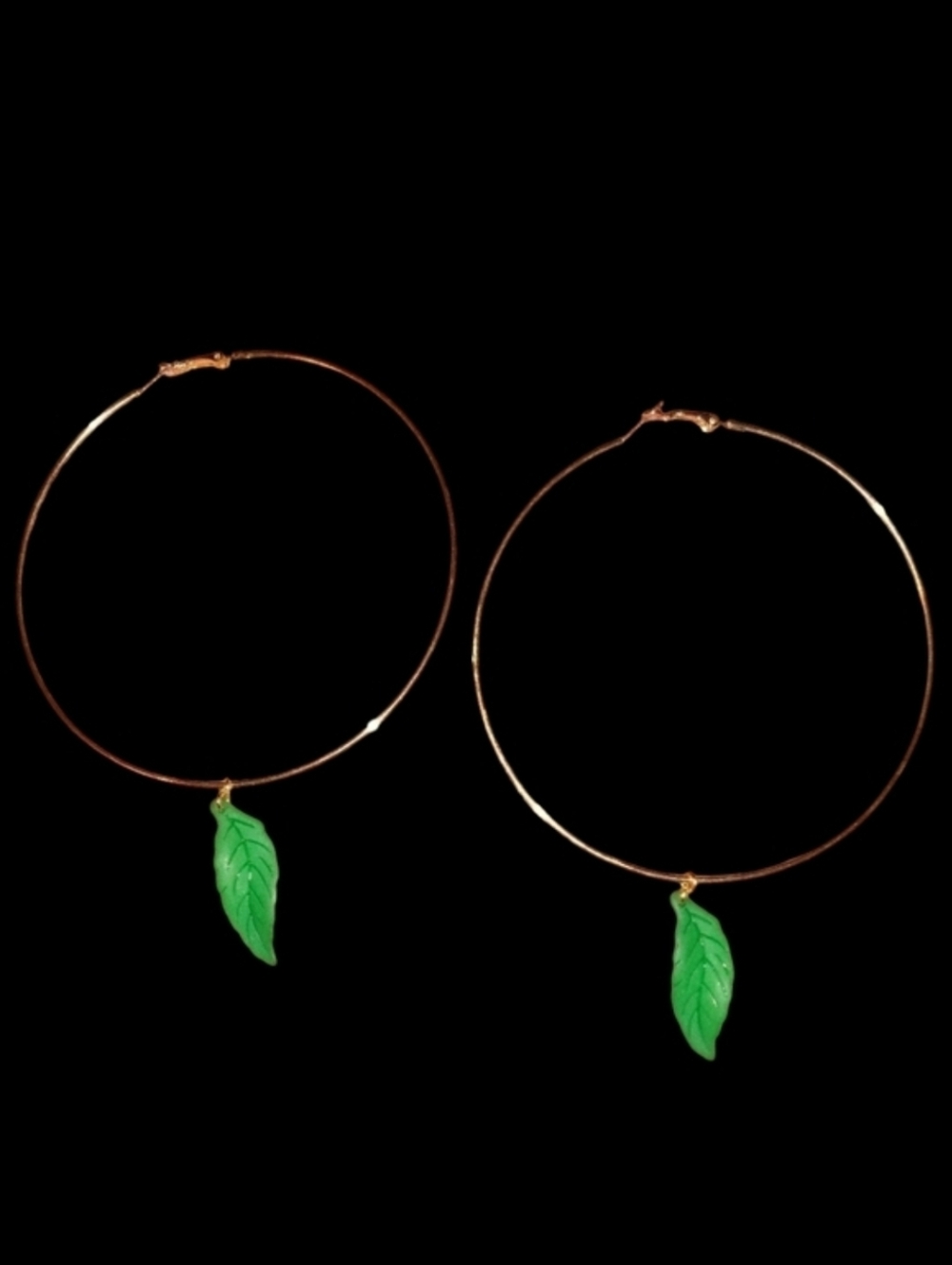 Oversized Green Leaf Charm Gold Hoops Huge 5 1/2 Inch Hoop Earrings Leaves KATTA